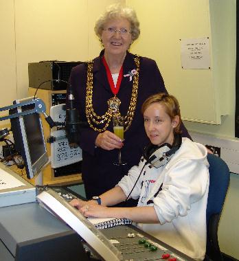 The Mayor of Reigate & Banstead, Cllr. Fran Dixon, with DJ Tess Lewsey at the official opening of Redstone FM on Tuesday 5 July 2005.