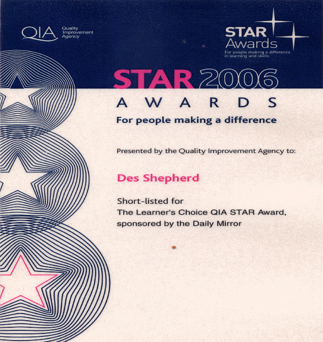 Star Awards 2006 certificate as presented to Redstone FM's radio tutor Des Shepherd.